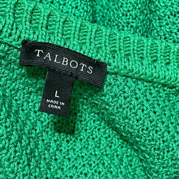 Talbots Knit Sweater Fringe Sleeve Kelly Green Size L Large Cotton V-Neck - Picture 4 of 6
